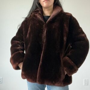 Vintage Chocolate Brown Faux Fur Jacket Coat Collar Button‎ Front